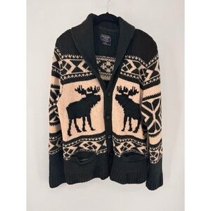 Vintage Abercrombie & Fitch Mens Moose Shawl Green Cardigan Sweater XL Fair Isle